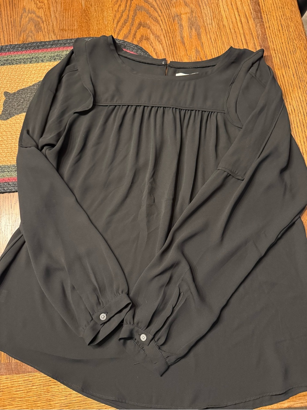 LOFT Black Gathered Yoke Long-Sleeve Blouse